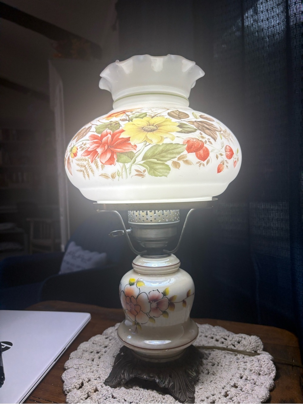 Floral Glass Hurricane Table Lamp - White with Multicolor Flowers